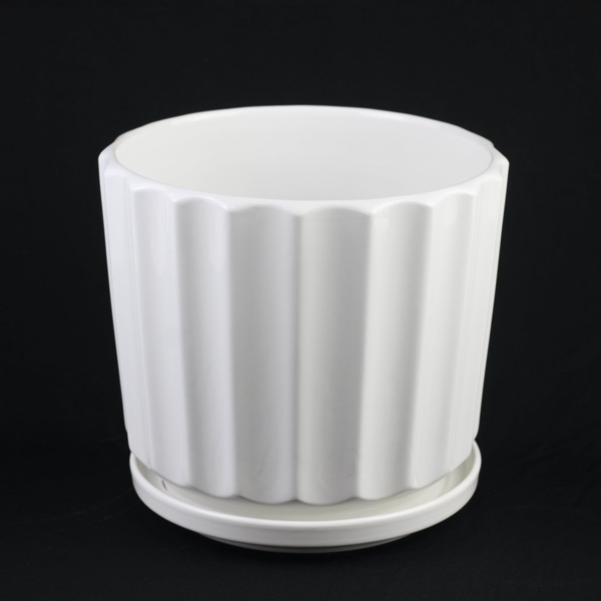 White Ceramic Planter Pot Set Fluted Design with Saucers