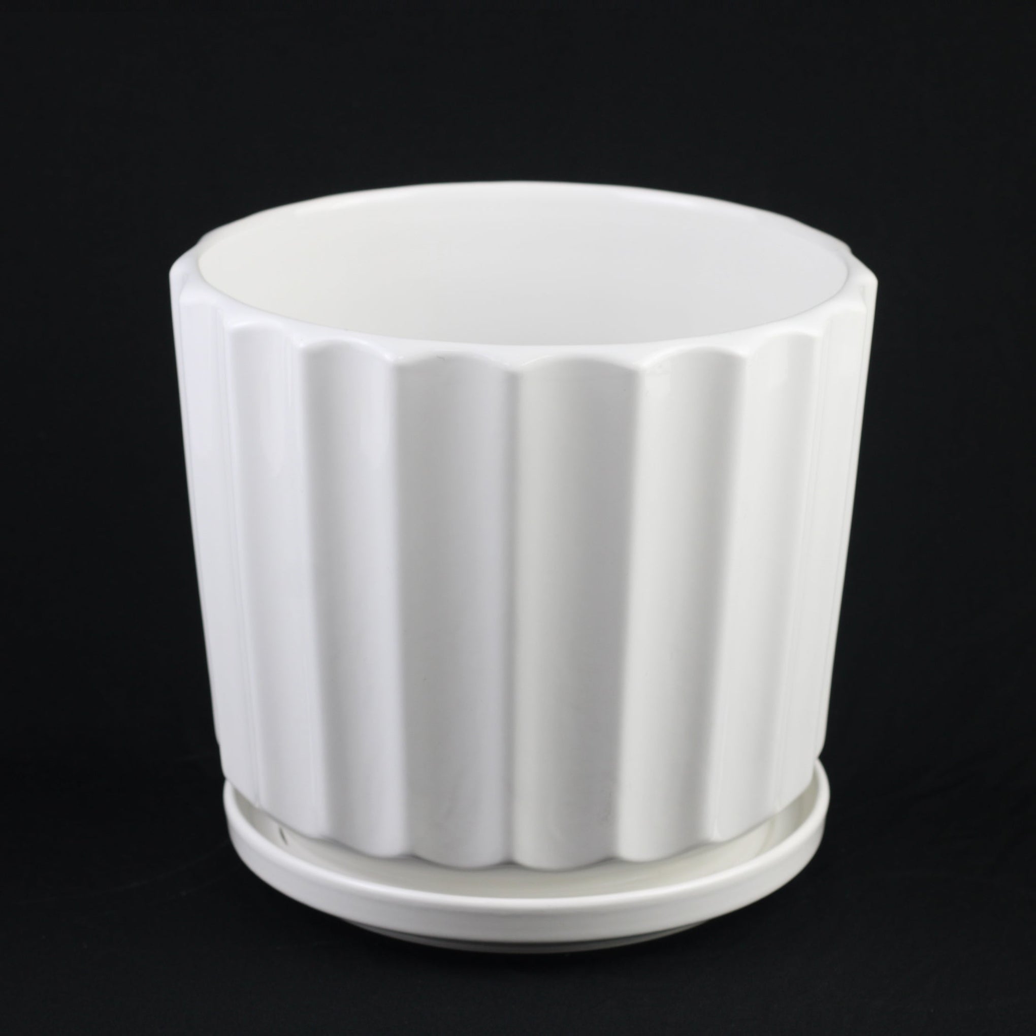 White Ceramic Planter Pot Set Fluted Design with Saucers