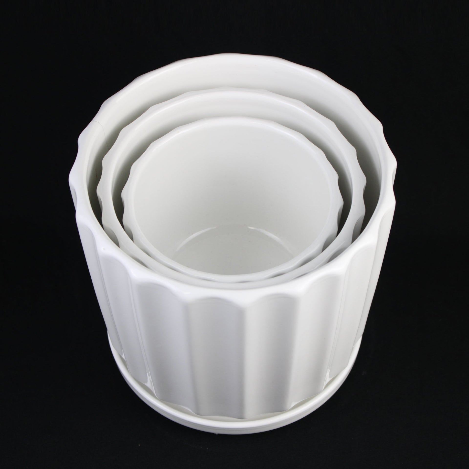 White Ceramic Planter Pot Set Fluted Design with Saucers