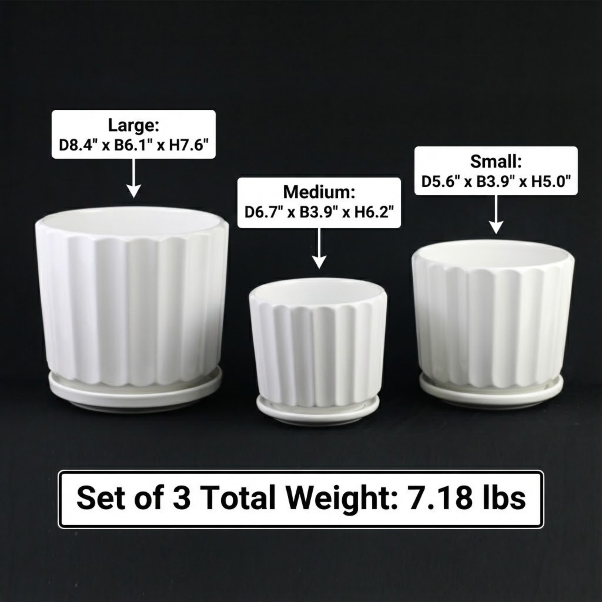 White Ceramic Planter Pot Set Fluted Design with Saucers