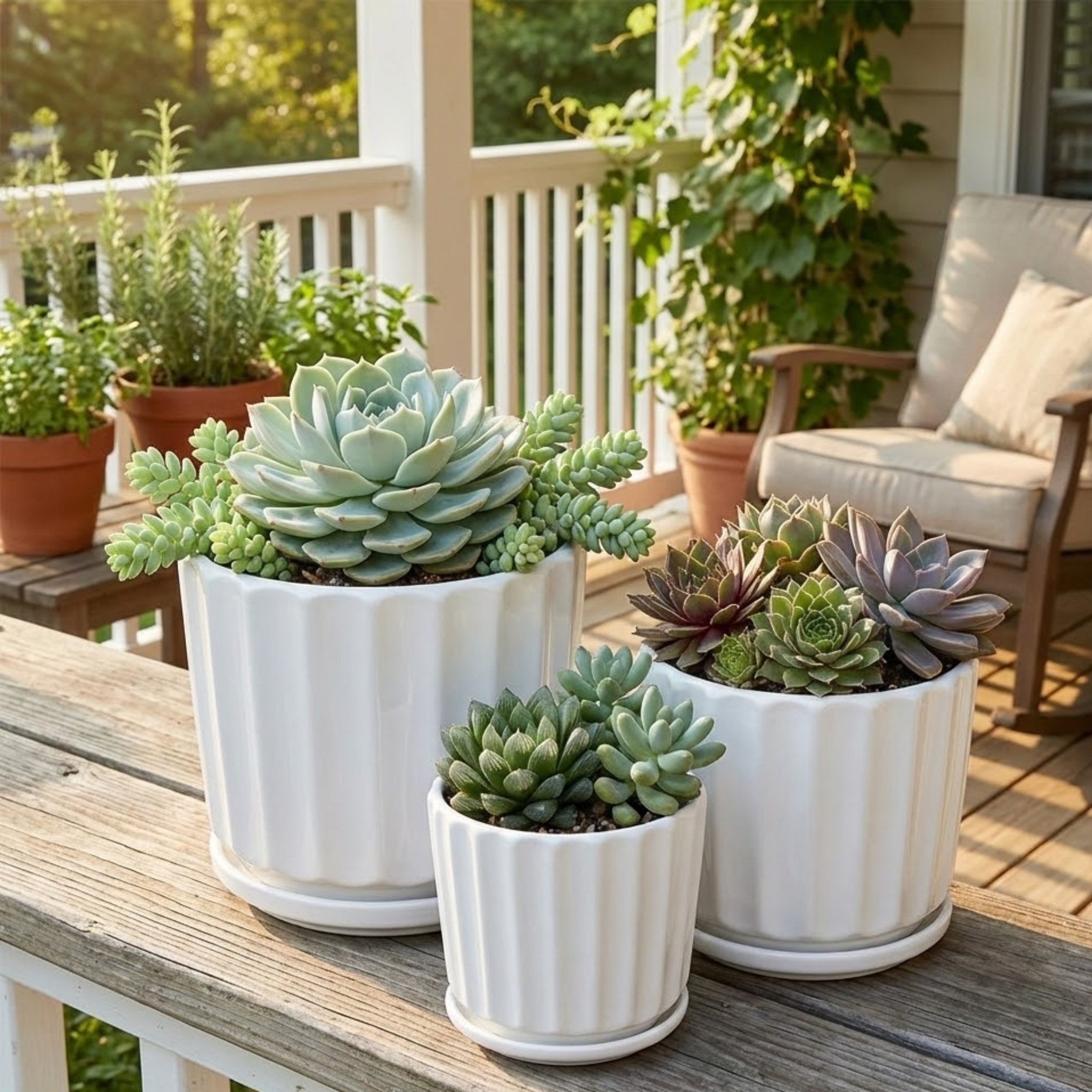 White Ceramic Planter Pot Set Fluted Design with Saucers