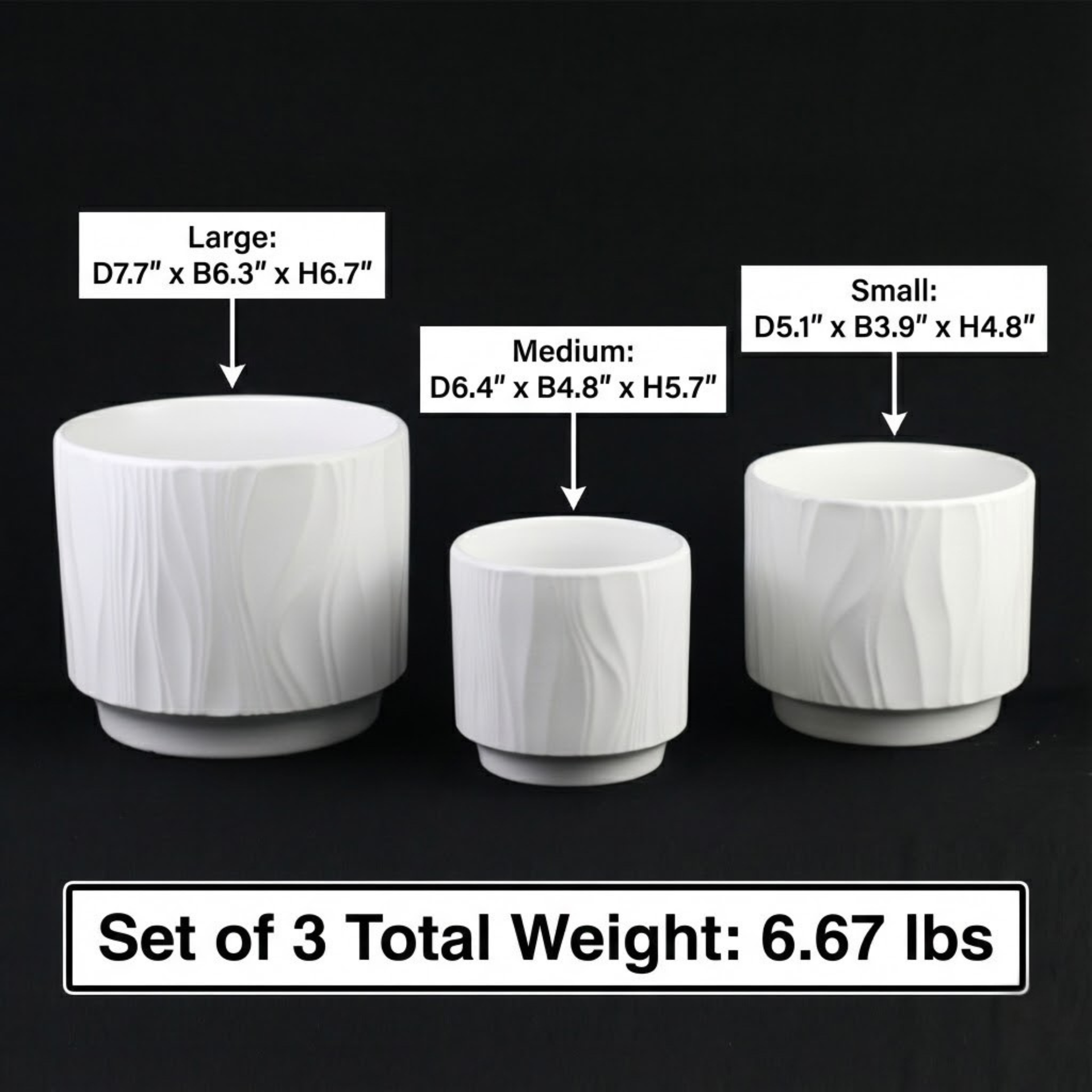 3-Piece White Stoneware Planter Pot Set with Embossed Texture