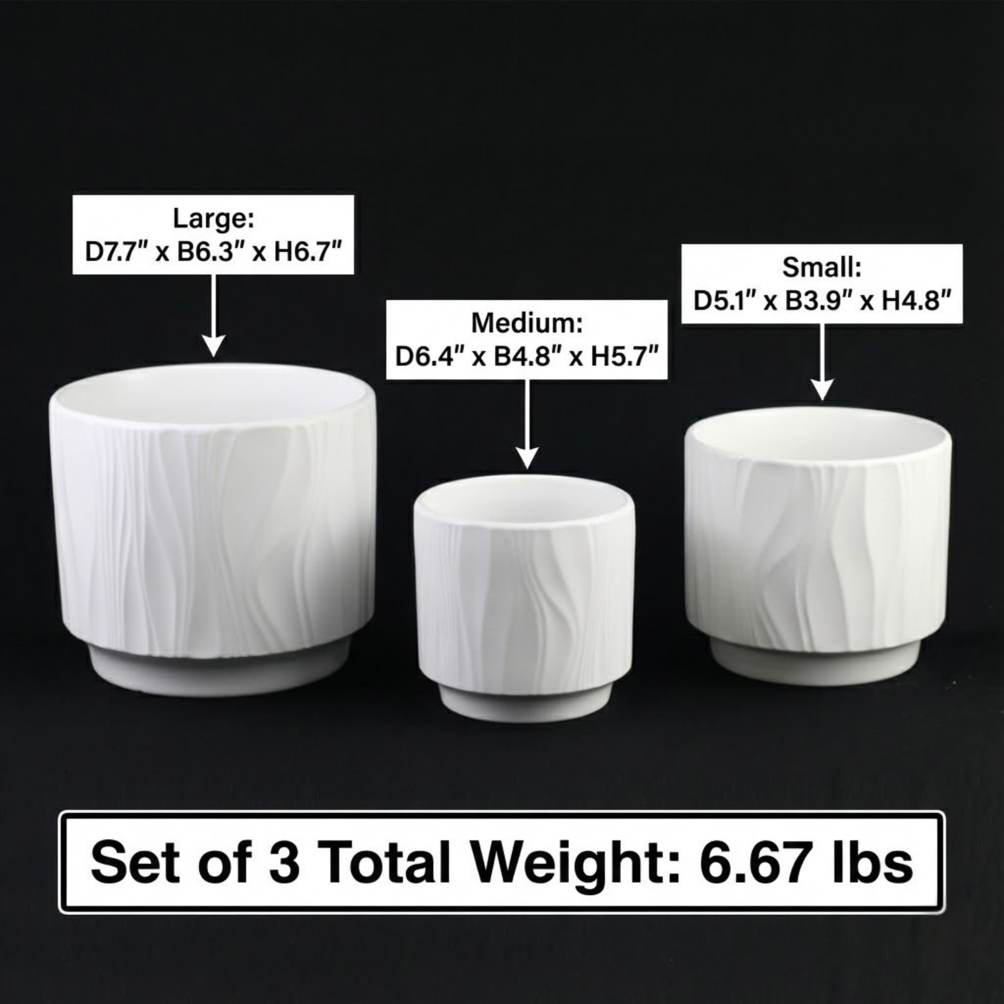 3-Piece White Stoneware Planter Pot Set with Embossed Texture