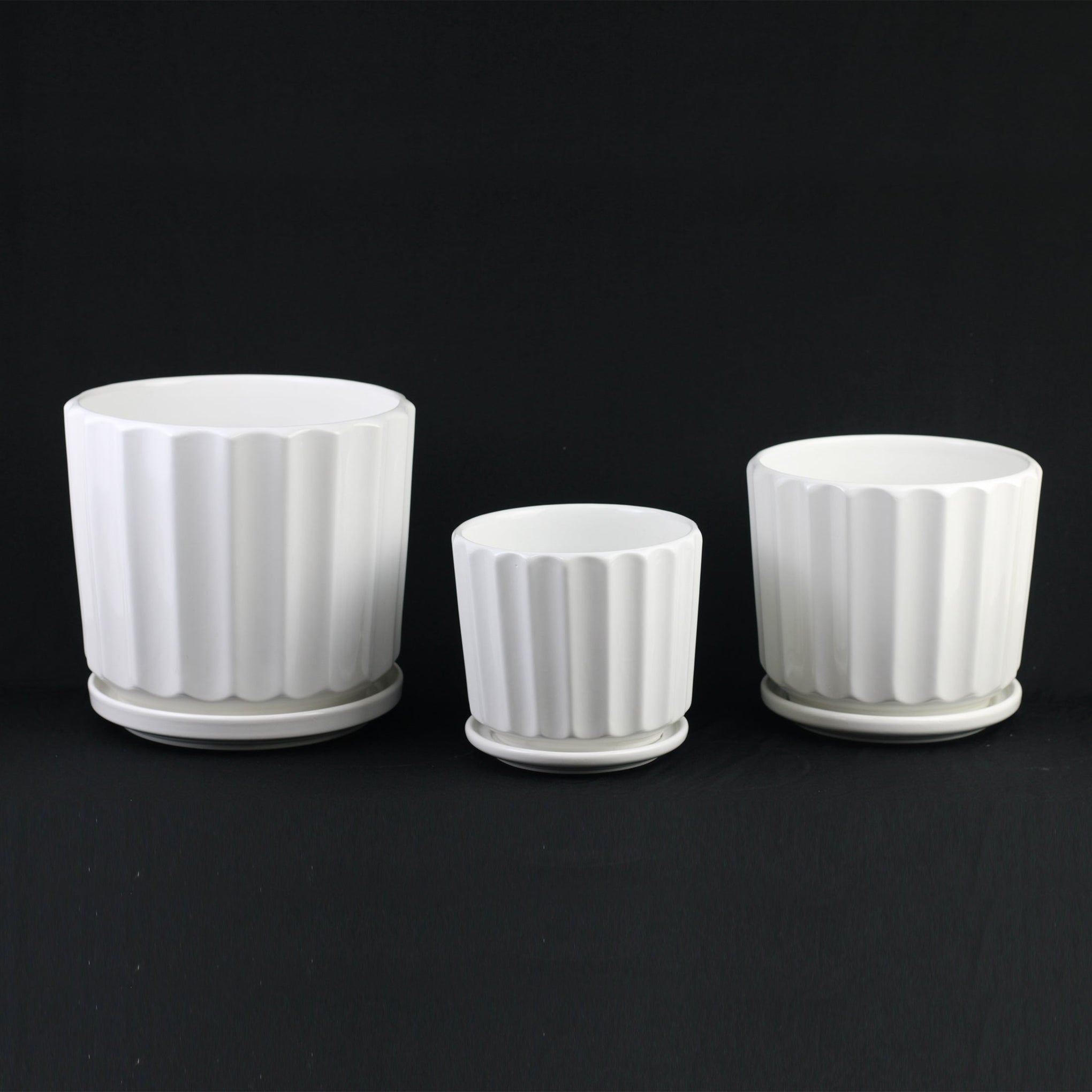 White Ceramic Planter Pot Set Fluted Design with Saucers