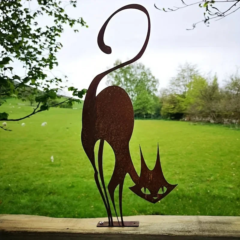 Rusty Wrought Iron Cat Fence Ornament