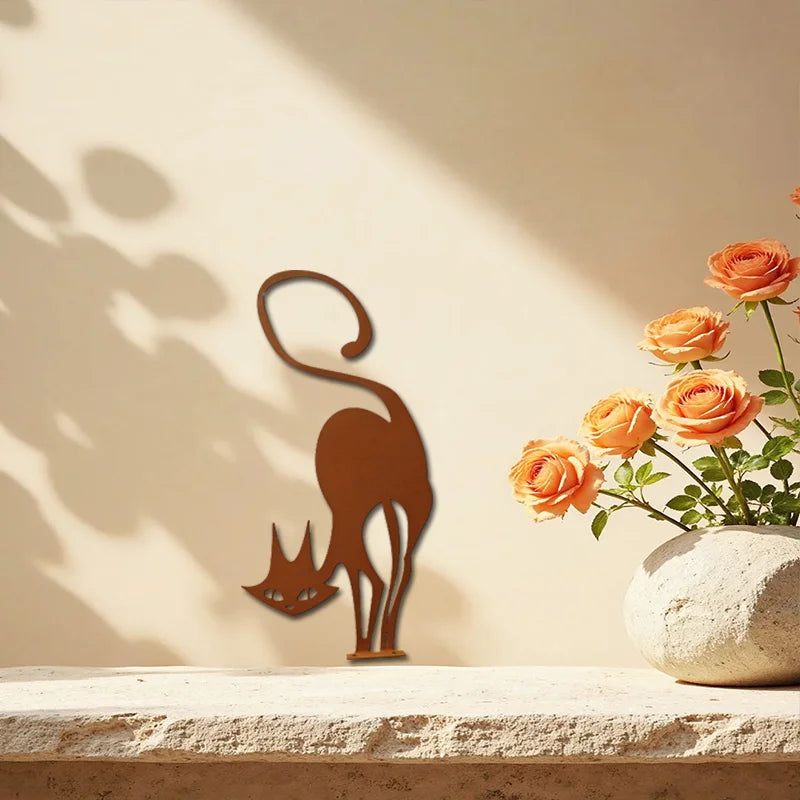 Rusty Wrought Iron Cat Fence Ornament
