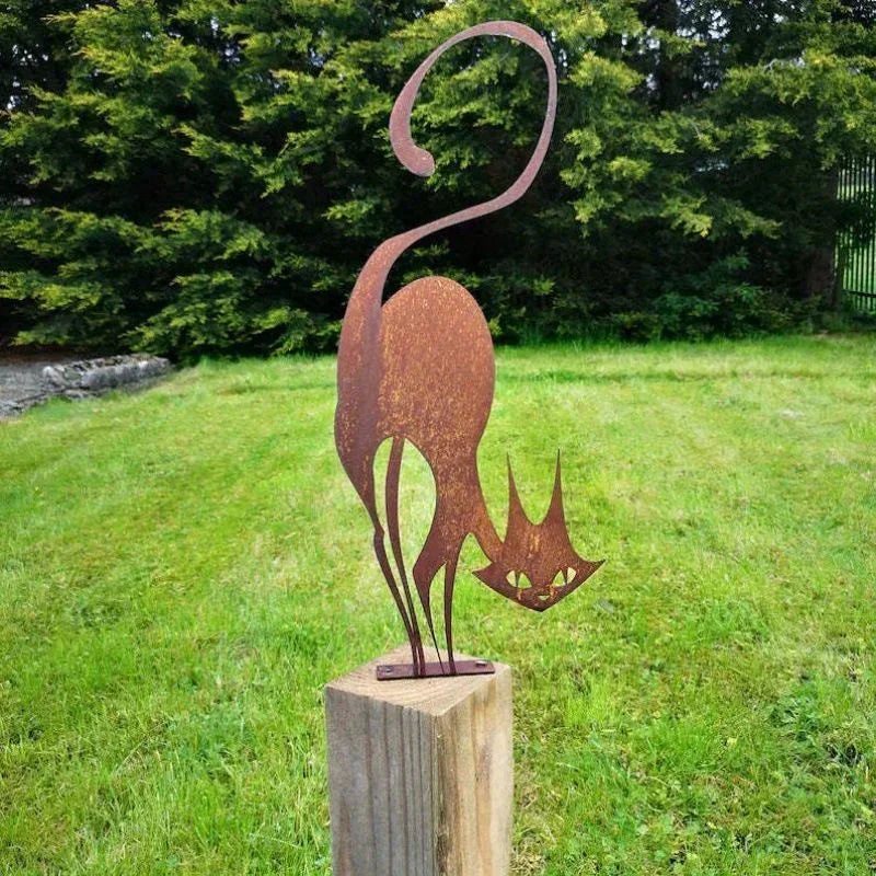 Rusty Wrought Iron Cat Fence Ornament