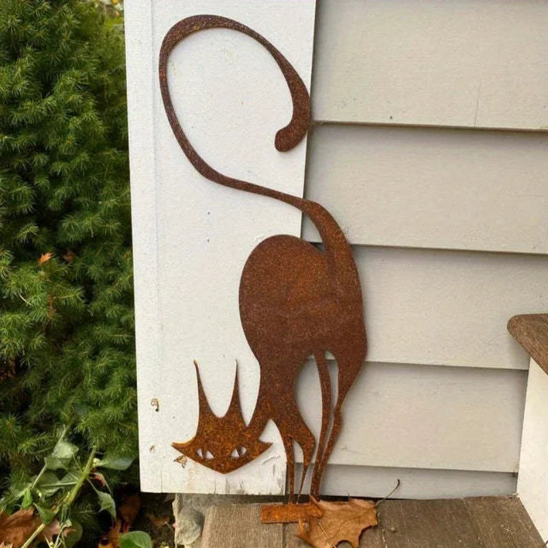 Rusty Wrought Iron Cat Fence Ornament