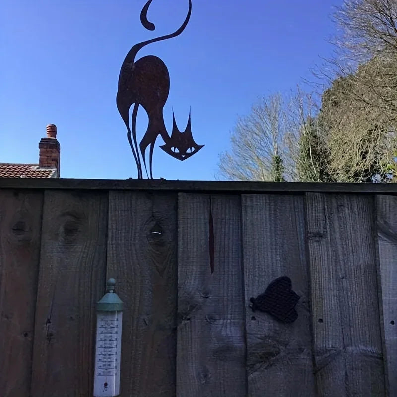 Rusty Wrought Iron Cat Fence Ornament
