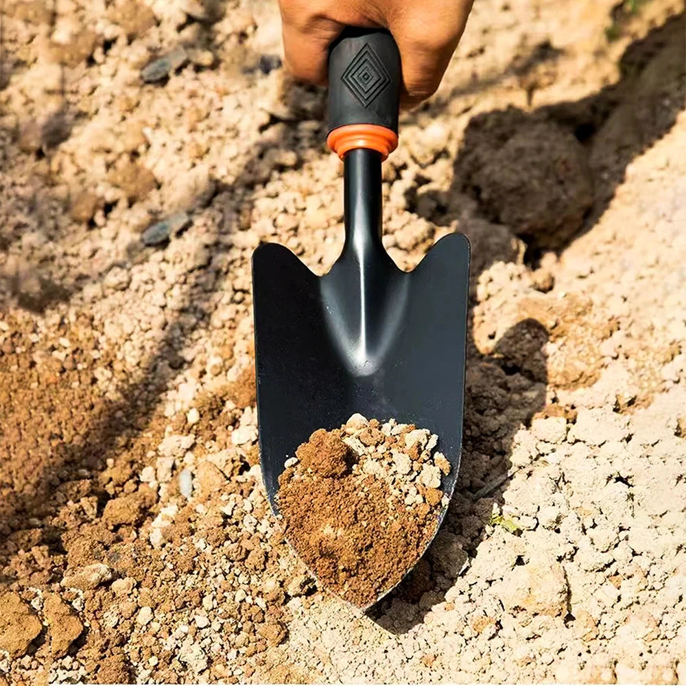 Metal Garden Trowel with Ergonomic Black Handle and Orange Trim