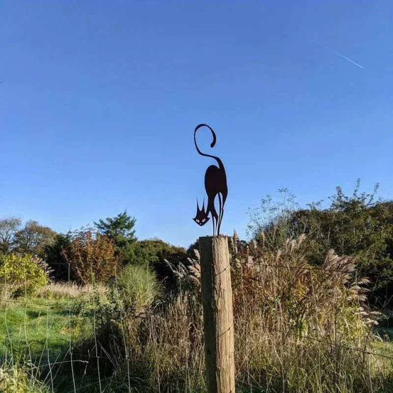 Rusty Wrought Iron Cat Fence Ornament