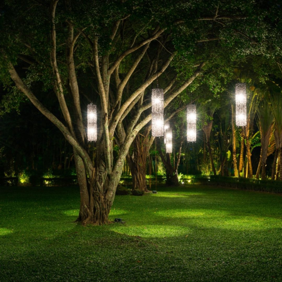 Decorative outdoor lighting fixtures hanging from trees in a garden at night.