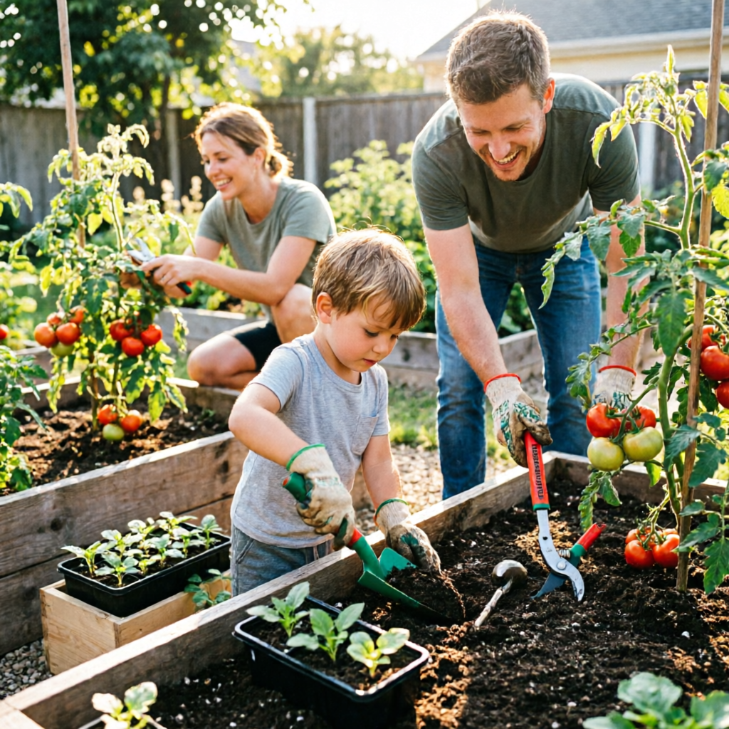 Family of three gardening together in a community garden